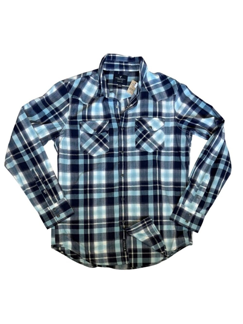 American Eagle New Shirt Mens Size Medium Blue White Plaid Western Pearl Snap LS